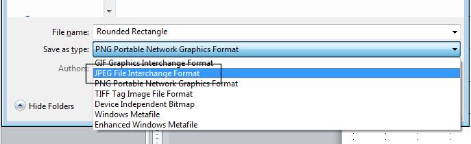 To save the graphic as a JPEG file, select JPEG from the drop down list. Click on the Save button to save the file in your sample file folder.