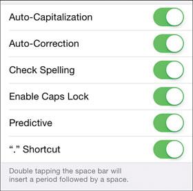 132 Chapter 4 Configuring an iphone to Suit Your Preferences 13. To prevent your iphone from automatically capitalizing as you type, set Auto-Capitalization to off (white).