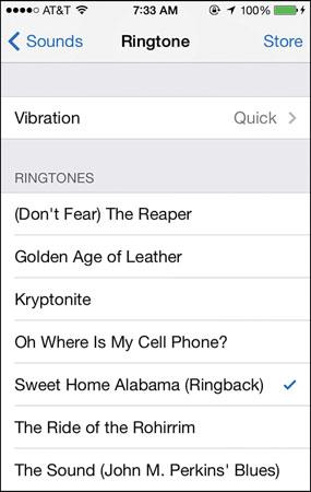 Choosing the Sounds Your iphone Makes 139 7. Swipe up and down the screen to see all the ringtones available to you. There are two sections of sounds on this screen: RINGTONES and ALERT TONES.