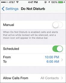 You can set an automatic Do Not Disturb schedule by performing the following steps: 1. On the Settings screen, tap Do Not Disturb. 2.