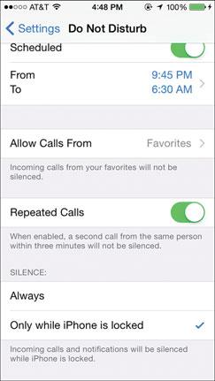 Setting Privacy and Location Services Preferences 153 13. Set the Repeated Calls switch to on (green) if you want a second call from the same person within three minutes to be allowed through.