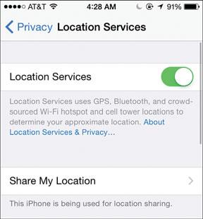 Setting Privacy and Location Services Preferences 155 5. If you have enabled Family Sharing (see Chapter 6 for details), tap Share My Location; if you have not enabled Family Sharing, skip to step 11.