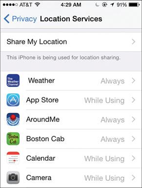 156 Chapter 4 Configuring an iphone to Suit Your Preferences 11. Swipe up and down the list of apps on the Location Services screen.