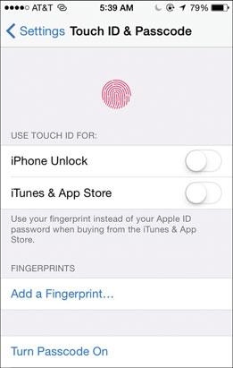 Setting Passcode, Touch ID, and Auto-Lock Preferences 161 Configuring Your Passcode and Fingerprints (iphone 5s and later) To configure the passcode you have to enter to unlock your iphone, perform
