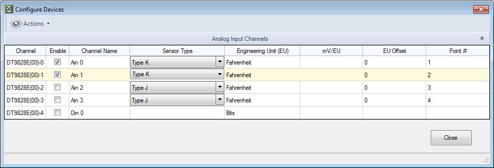 settings for channels in the analog input data stream, including the