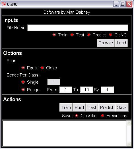 Figure 1: The ClaNC GUI. 4 Loading Data You can load data sets for training, testing, or predicting. You can also load a previously saved ClaNC classifier.