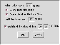 System Cofig Tab Auto Delete Whe Auto is selected i the Clip Deletio Mode, click the Auto Delete butto to set a high ad a low percetage for deletig media.