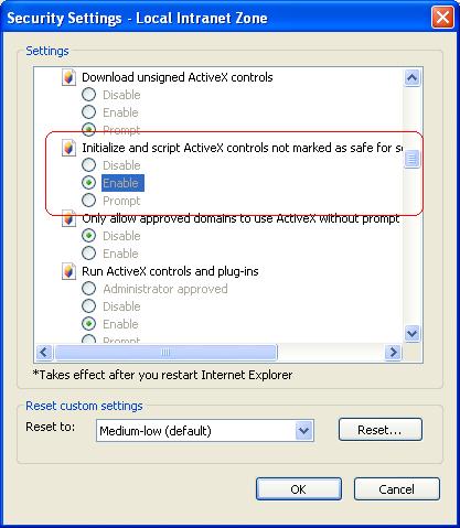 4. In the ActiveX controls and plug-ins section change the setting of Initialize and script ActiveX controls not marked as safe to Enable or Prompt.