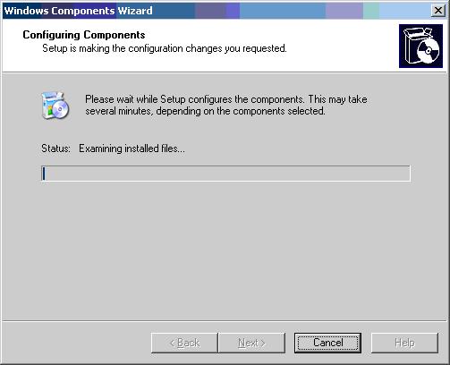 6. Click OK three times. The Windows Components Wizard screen will be redisplayed. 7. Click Next. The Configuring Components screen will be displayed.