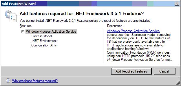 The Add features required for.net Framework 3.5.1 Features? screen will be displayed. 4. Click Add Require Features. The Select Features screen will be redisplayed. 5. Check Desktop Experience.