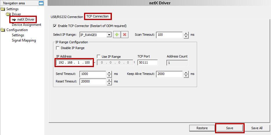 6. In the dialog box that opens, click netx Driver, then select the TCP Connection tab. Enter the current IP address of the MTR-ECI and click Save.