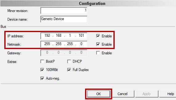 9. In the dialog box that opens, enter the new IP address and subnet desired for the MTR-ECI to operate on the EtherNet/IP network,
