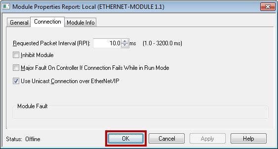 4. On the Connection tab of the new module window use the default RPI of 10.0 ms and click OK. (1) Click Connection tab. (2) Click OK. Figure 6.