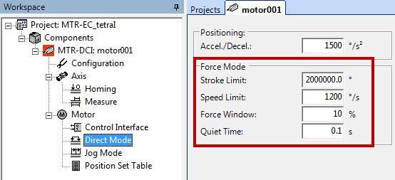 B Example: Direct mode, Force mode for continuous rotation The following example provides instructions for operating the MTR-ECI in Direct mode, Force mode (OPM = 5) to achieve continuous rotation. B.