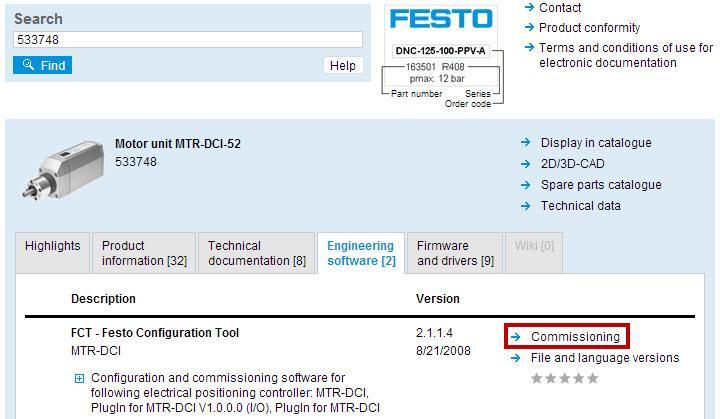 4 Configure the MTR-ECI via Festo Configuration Tool (FCT) 4.1 Download the MTR-DCI plug-in for FCT 1. The MTR-ECI uses the same FCT plug-in as the MTR-DCI.