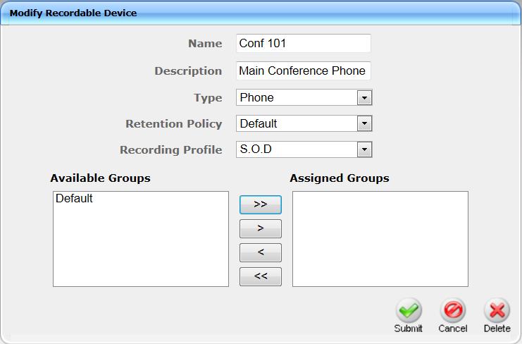 Call Recording Solution Figure 6-78: Modify Recordable Device 6.15.6 Adding a Device Attribute This section shows how to add a SmartTAP device attribute.