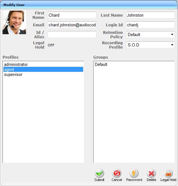 Call Recording Solution Figure 6-85: View/Modify User 3. Modify the fields to change. 4. Click Submit to apply changes.