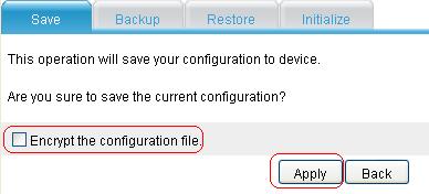 Save tab, and click Apply to save the current configuration.