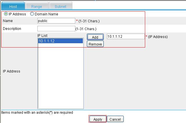 UTM Series Interzone Policy Configuration Example Figure 9 Create an IP address resource Select the IP Address option. Type public as the name. Type 10.1.1.12 as the IP address.