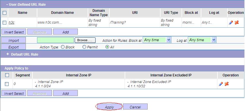 The following table describes the configuration effects of domain name filtering and URI path filtering of a rule: Domain name string