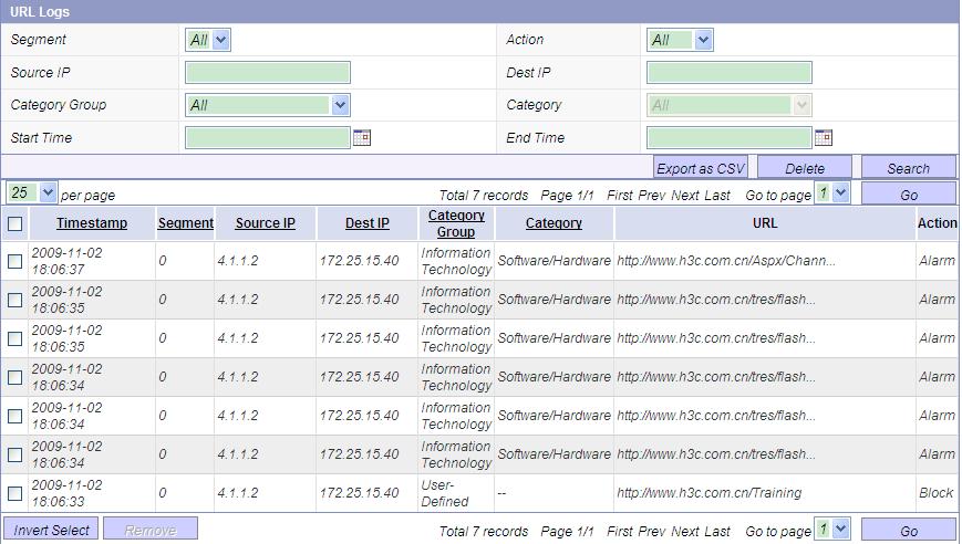 Selecting Log Management > URL Logs from the navigation tree, you should see URL filtering logs.