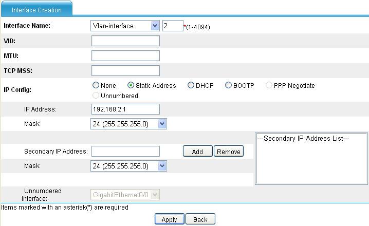 Configure the access mode for GigabitEthernet 0/1, add the interface to VLAN 2, create VLAN-interface 2 and specify the IP address as 192.168.2.1/24.