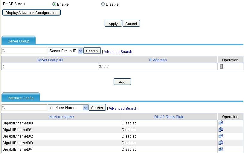 H3C SecPath UTM Series DHCP Configuration Examples On the Interface Config field, click the icon of GigabitEthernet 0/1.
