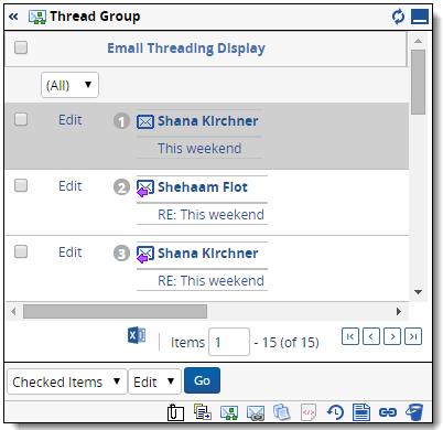 In the related items pane, click the Thread Group icon to display all messages in the same thread group as the selected document.