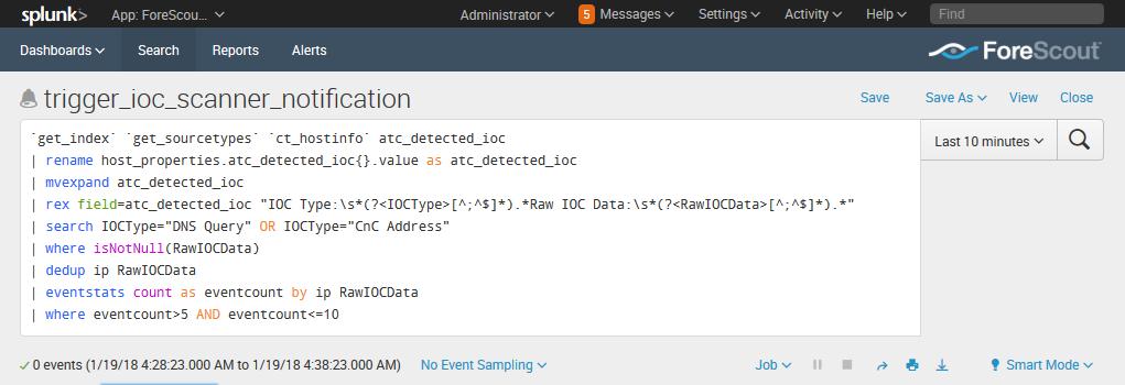 You can view these underlying queries in the ForeScout App for Splunk Alerts page. For the relevant search, select Open in Search link.