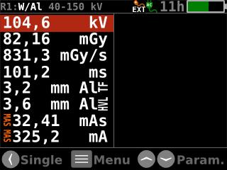 4. Start an exposure. 5. When the measurement is over, the recorded values are by default cycled on the Cobia display. Press the right arrow button to go to the List view.
