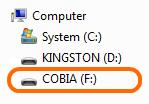 After a short while, a USB memory device named COBIA (as shown below) will appear in the File Explorer on the PC, and the Cobia display