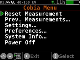 Main Menu view The Menu view displays a set of available functions, selected by pressing the right arrow button. Reset Measurement zeroes and resets the meaurement. Prev.