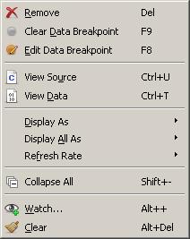 104 CHAPTER 4 Debug Information Windows 4.17.5 Context Menu The Watched Data Window s context menu provides the following actions: Remove Removes an expression from the window.