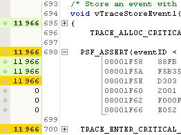 137 Evaluating Execution Counters The Source Viewer s execution counters indicate that an assertion macro within function vtracestoreevent1 has been executed a significant amount of times.