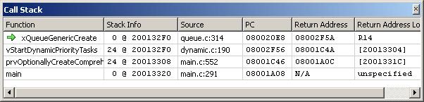 83 4.8 Call Stack Window Ozone s Call Stack Window displays the function calling hierarchy that led to the current program execution point. Figure 4.18. Call Stack Window 4.8.1 Overview The topmost entry of the Call Stack Window displays information about the current program execution point context.