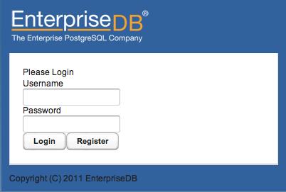 3.1 Registering a New User on a Public or Private Cloud Navigate to the address provided by EnterpriseDB, to access the Cloud Database Login/Register dialog shown in Figure 3.