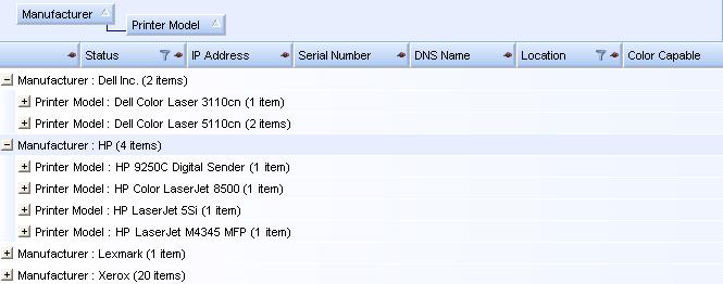 Note: The List view does not support grouping by the IP Address, Serial Number, and DNS Name columns since these columns are unique to each printer and the groupings would only contain one item.