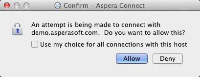 Open your web browser and log in to Aspera's test transfer server at http://demo.asperasoft.com/aspera/user. Enter the following credentials when prompted: User: asperaweb Password: demoaspera 2.