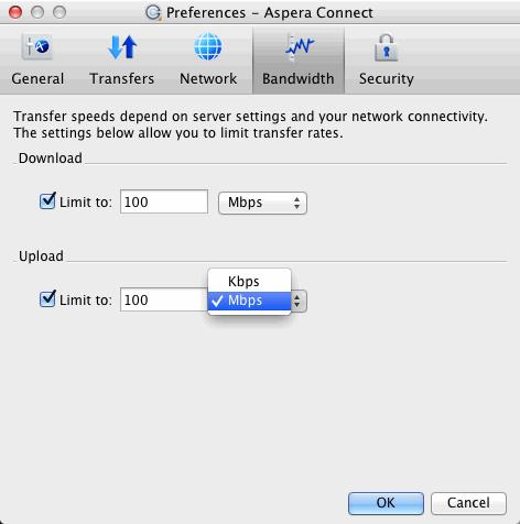 Setting up Connect 7 You can limit Aspera Connect's transfer rates via the Bandwidth option.