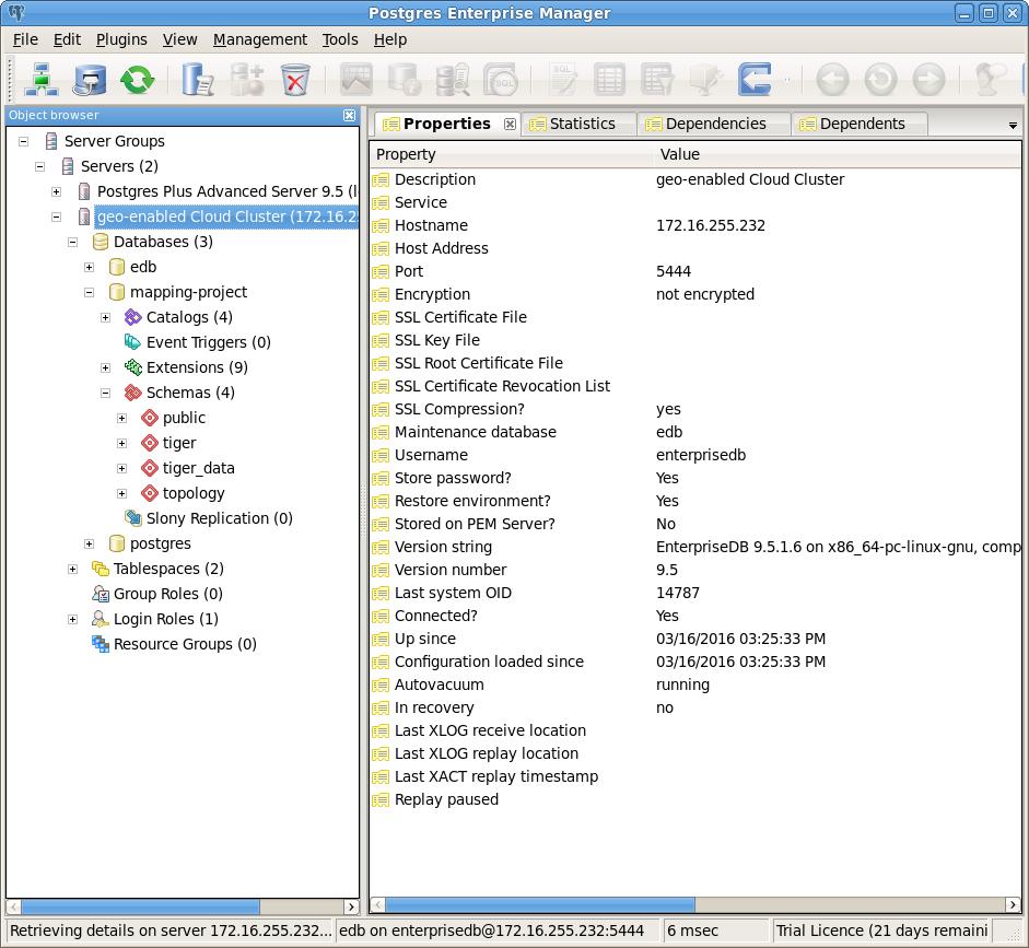 Click OK to connect to EDB Ark; once connected, the server will appear in the tree control in the PEM Object browser (shown in Figure 4.25). Figure 4.25 - The PEM client window, showing local and EDB Ark servers.