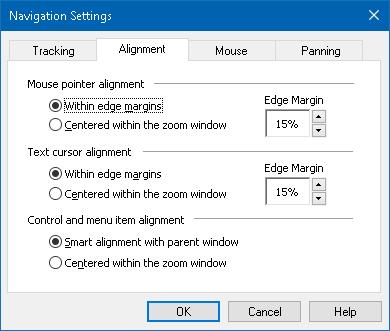 Chapter 5 Magnifier Features 127 Alignment Alignment options control how the zoom window scrolls to keep tracked items in view. There are two general types of alignment; edge and center.