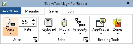 134 The Reader Toolbar Tab The Reader toolbar tab provides quick-action buttons for enabling and adjusting all of ZoomText's Reader features.