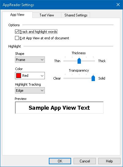 Chapter 6 Reader Features 171 The App View tab Setting Options Track and highlight words Exit App View at end of document Description Enables tracking and highlighting of words when AppReader