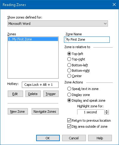 188 The Reading Zones dialog box. Setting Show zones defined for Zones Hotkey Description Displays a list of applications that are currently running.
