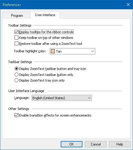 Chapter 9 Preference Settings 237 User Interface Preferences User interface preferences control how the ZoomText user interface appears on the Windows desktop.