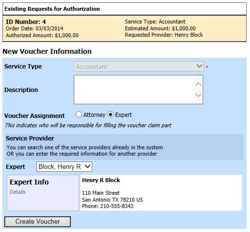 CJA evoucher District of Oregon Technical Attorney Manual Creating a CJA Voucher (cont d) If you click Use Previous Authorization a list of Existing Requests for Authorization will appear.