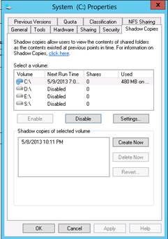 Figure 44: System administrator view of Shadow Copies for Shared Folders The shadow copy cache file The default shadow copy settings allocate 10 percent of the source volume being copied (with a