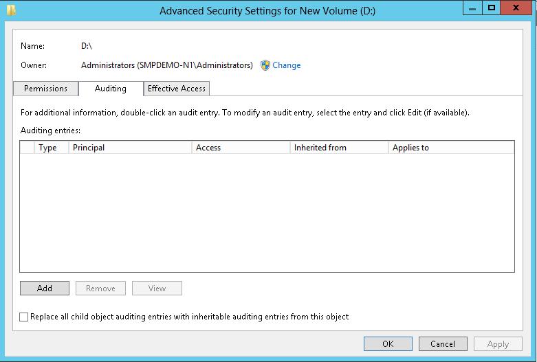 Figure 52: Advanced Security Settings screen, Auditing tab Click