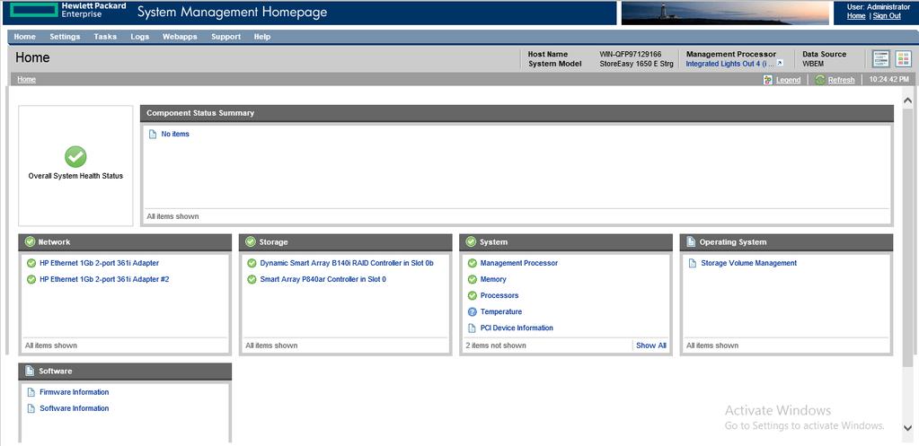 Figure 57: System Management Homepage main page NOTE: NICs will display with a failed status (red icon) if they are unplugged.