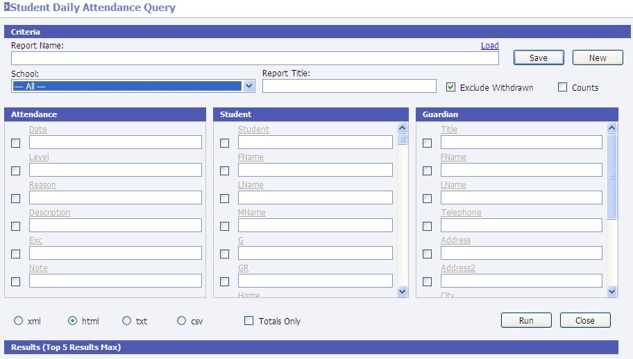 Student Daily Attendance Query To create a query for student s daily attendance records, go to Utilities Query.